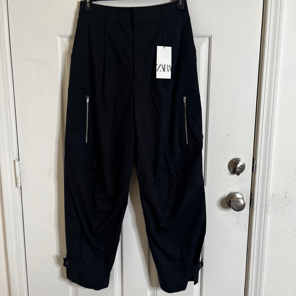NWT Zara Cargo Pants Barrel Legs Women Small Black Utility Balloon Leg Gorpcore